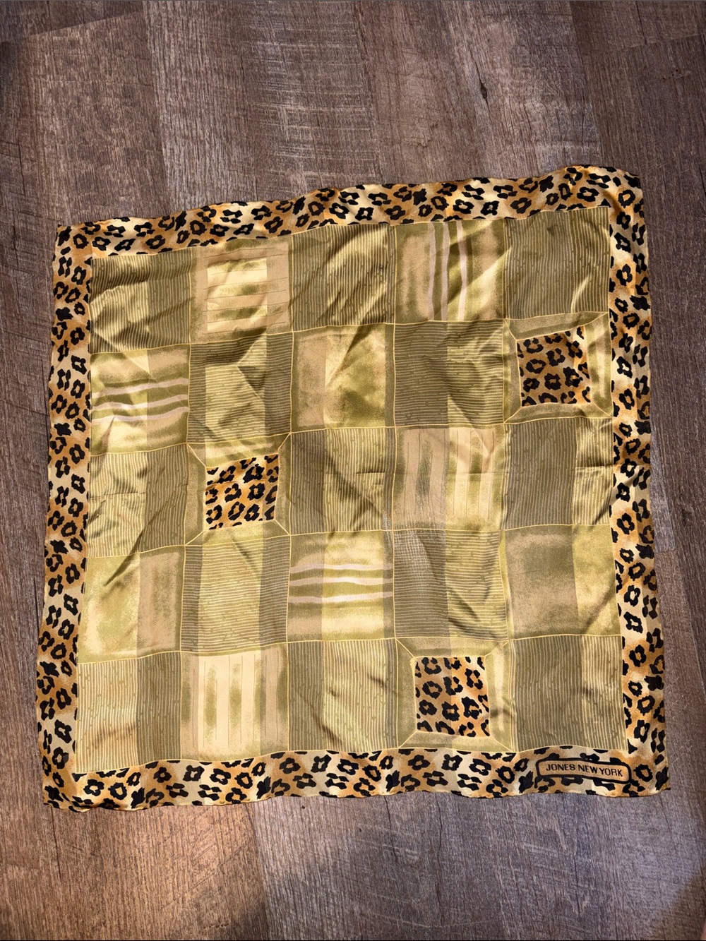 Jones New York Silk Patchwork Animal Print Green Geometric Striped Square Scarf